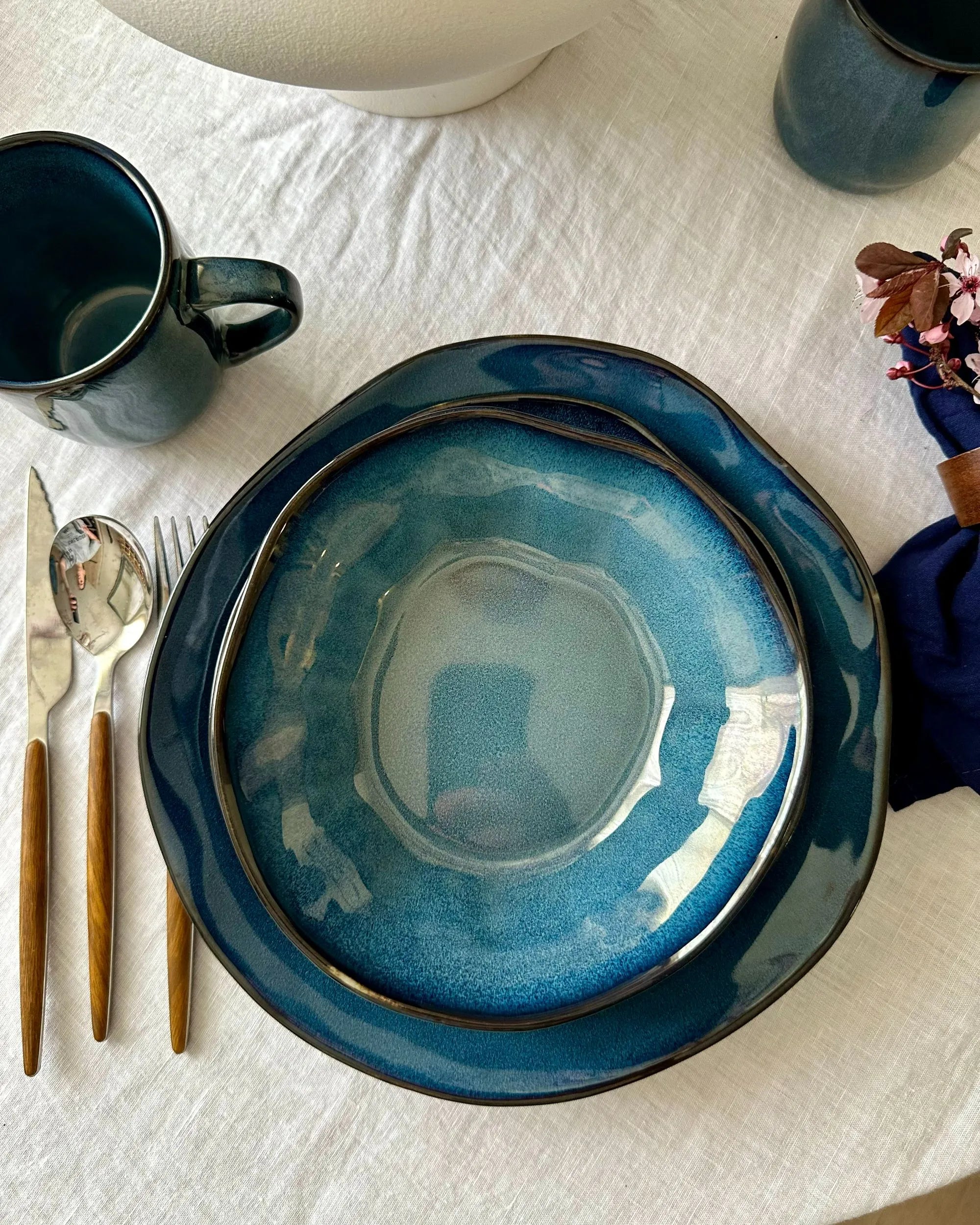 Ensemble de vaisselle en grès cérame, 16 pièces, bleu