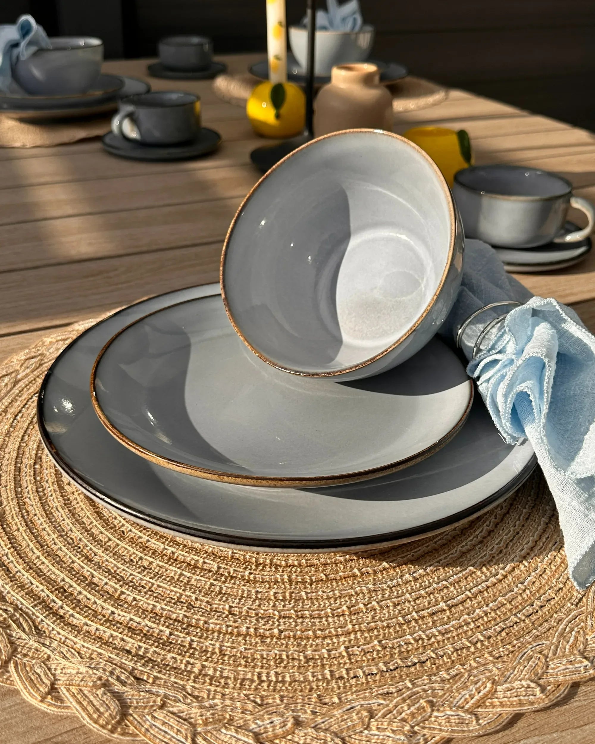 Lot de 4 grandes assiettes Grès cérame Azur