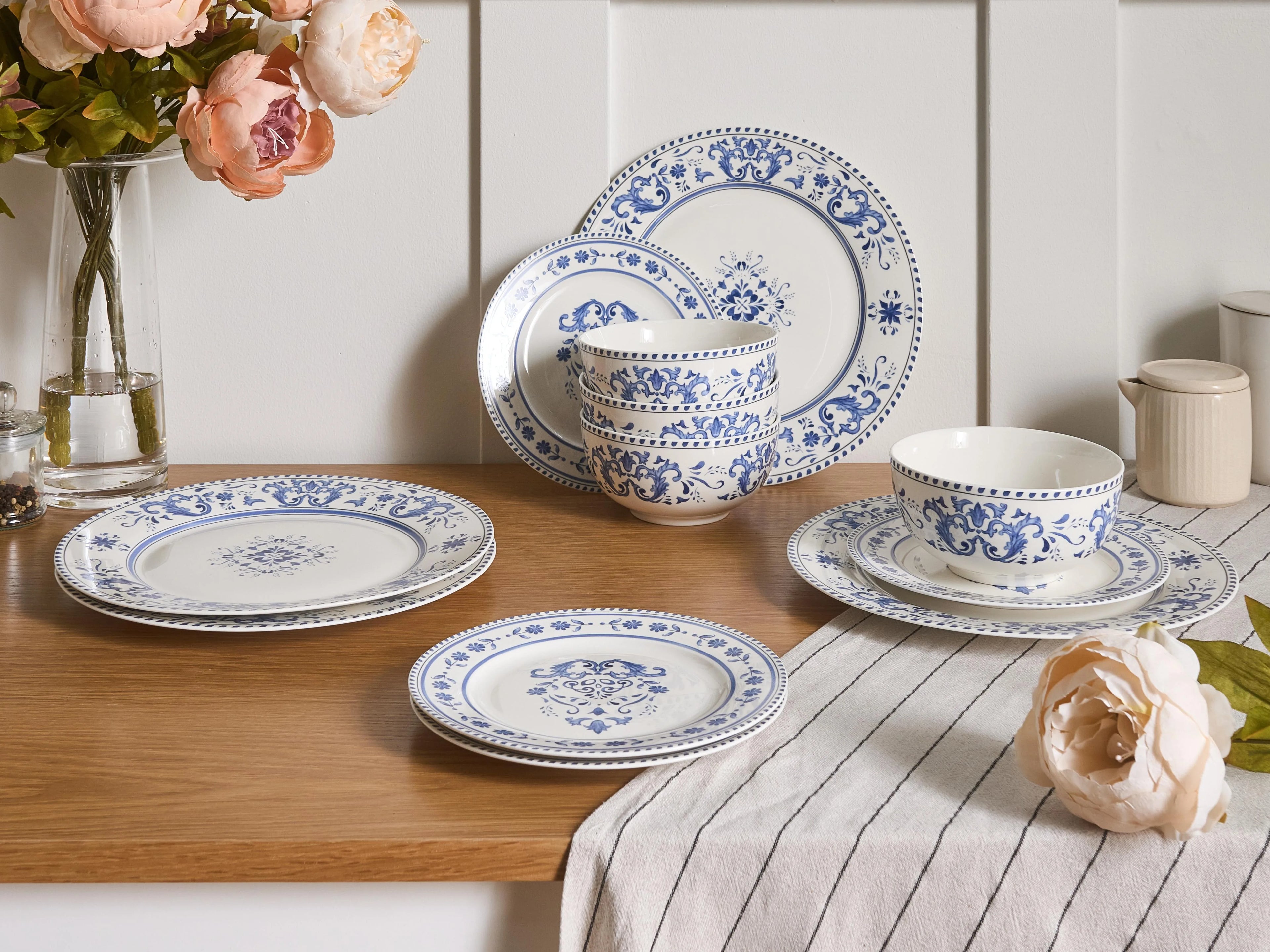 Set de 24 couverts Porcelaine Blanc/Bleu